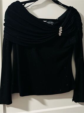 Xscape Black Sparkle Off-Shoulder Drape Top with Rhinestone Brooch